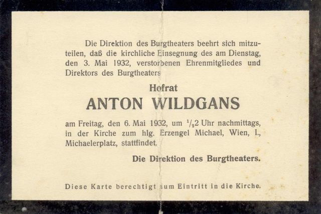 1932-05-06, 12, Anton Wildgans, Begräbnisanzeige des Burgtheaters