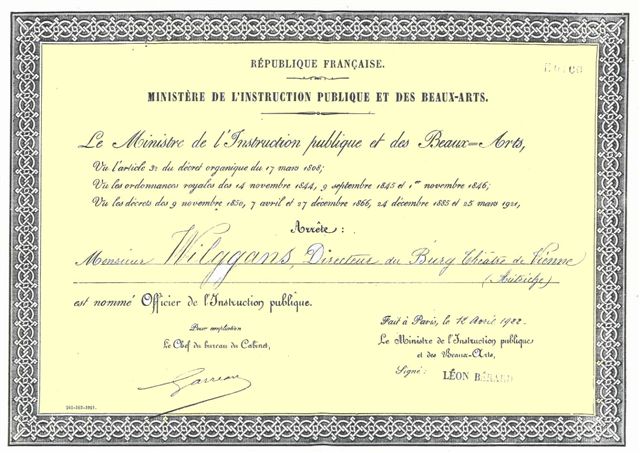 1922-04-12, Ministere d´Instruction publique, Auszeichnung aus Frankreich für Anton Wildgans