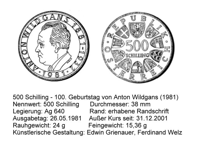 1981, 500 Schilling - 100. Geburtstag von Anton Wildgans (1981)
