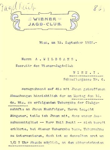 1907-09-13 Wiener Jagdclub, Anstellung von Anton Wildgans