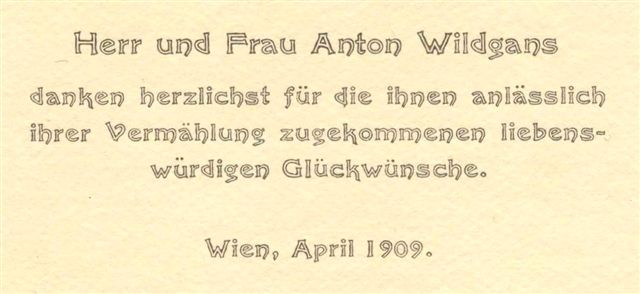 1909 Hochzeitsdanksagung von Anton und Lilly Wildgans