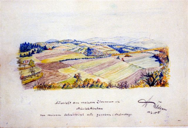 1915, 100, Zeichnung von Anton Wildgans, Mönichkirchen, Aussicht aus Zimmer