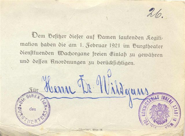 1921-02-01, Legitimation von Anton Wildgans für Eintritt in das  Burgtheater