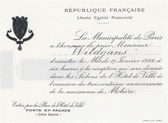 1922-01-17, 10, Einladung für Anton Wildgans zur Moliere-Feier in Paris