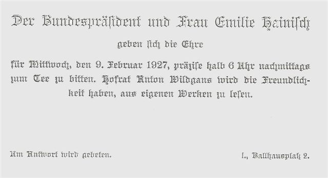 1927-02-09, Einladung Bundespräsident Hainisch für Anton Wildgans