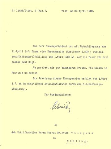 1928-04-27, Bewilligung einer Ehrenpension für Anton Wildgans